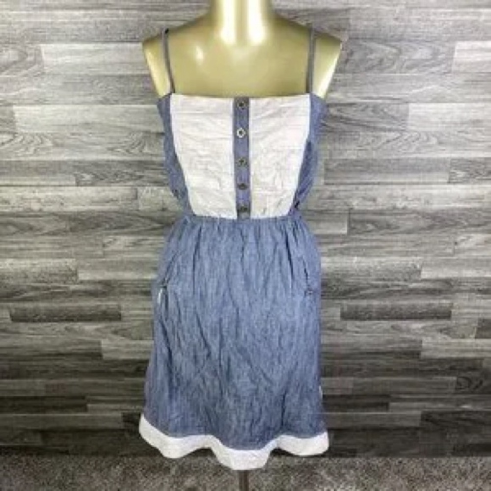 Tulle Square Neck Buttoned Bodice Pleated Chambray Dress With Spaghetti Straps